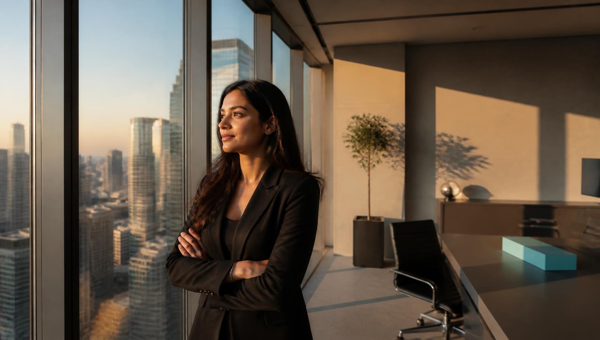 A woman founder in a modern high-rise office looking out over the city skyline